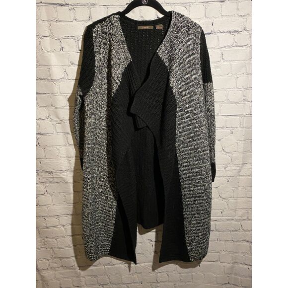 Heather B Open Front Cardigan Sweater Size L Two Tone Black Grey Knit - Picture 1 of 8